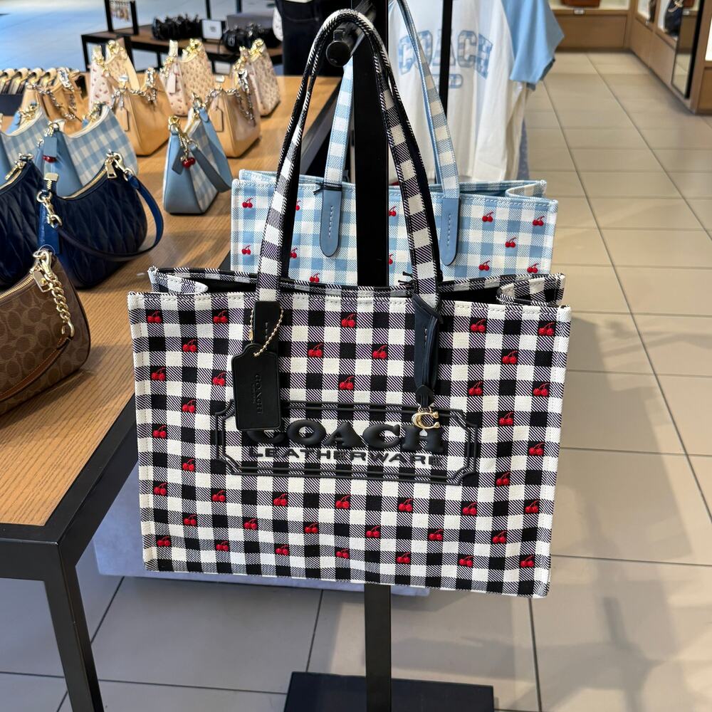 Coach Tote Bag With Gingham Print CES71 Gold/Black Multi - Picture 2 of 6